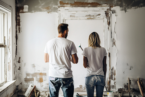 ein Mann und eine Frau stehen mit dem Rücken zur Kamera während sie eine Wand in ihrem Haus sanieren